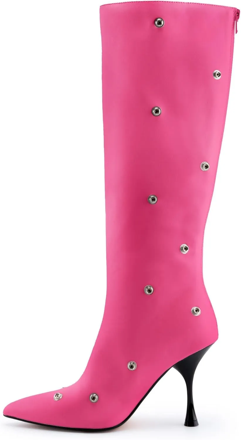 KaroNairy Women Stiletto Knee High Boots Slouch Pointed Toe High Heel Boot Detachable Snap-off Panel Shark Boots
