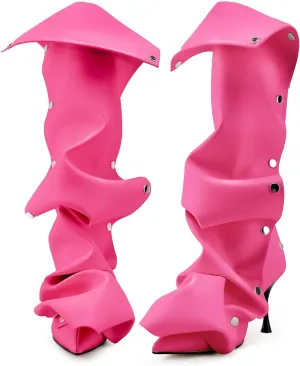 KaroNairy Women Stiletto Knee High Boots Slouch Pointed Toe High Heel Boot Detachable Snap-off Panel Shark Boots