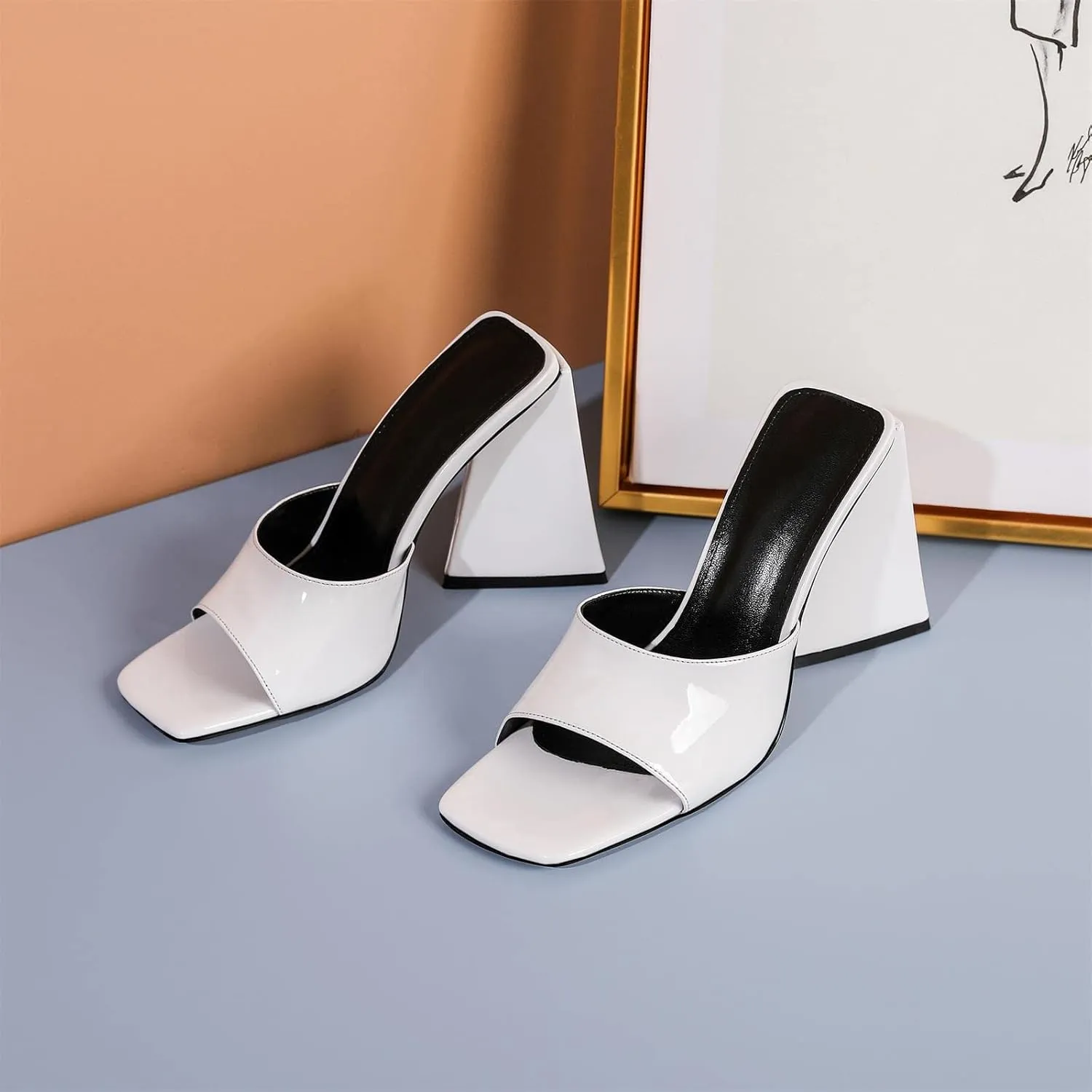 keleimusi Women's Trendy Square Toe Block Heel Dress Mules with Wide Strap
