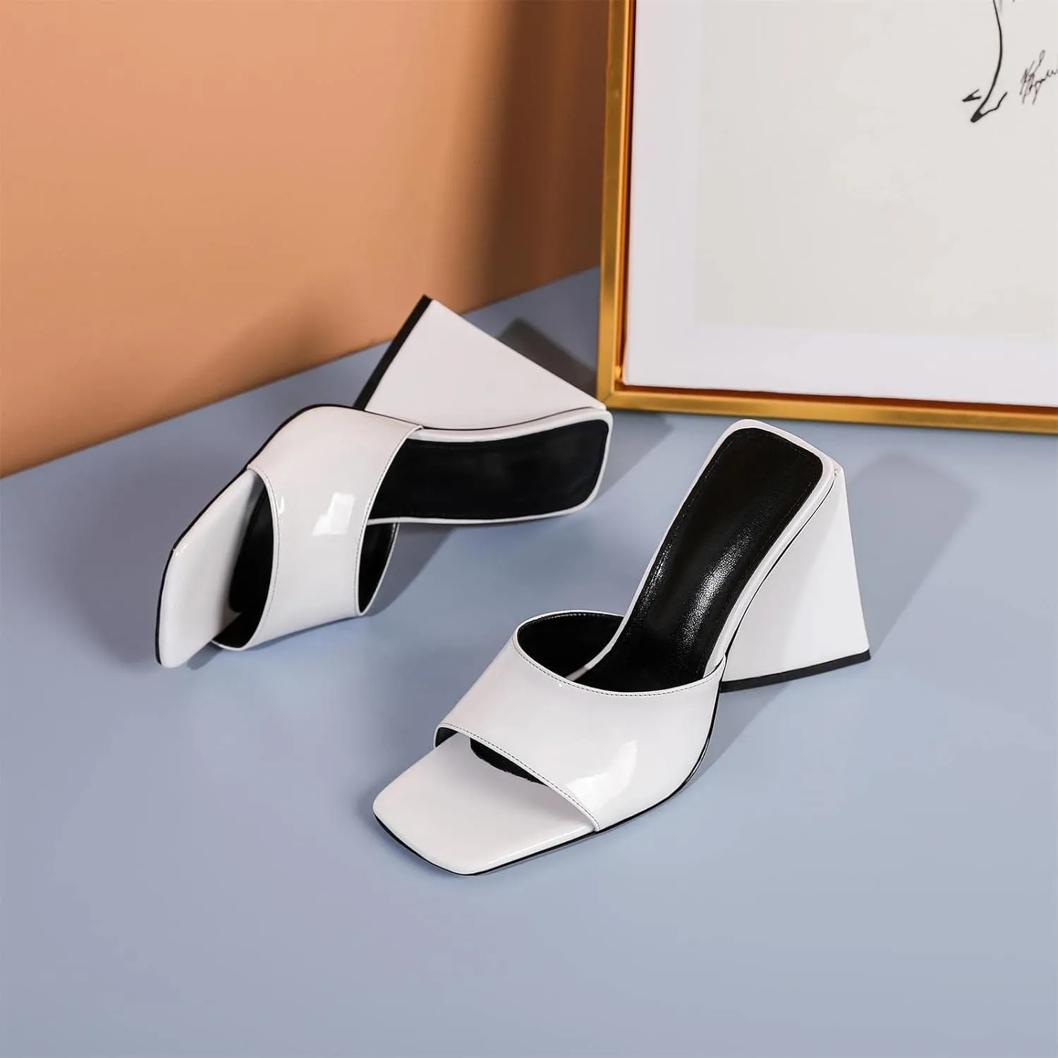 keleimusi Women's Trendy Square Toe Block Heel Dress Mules with Wide Strap