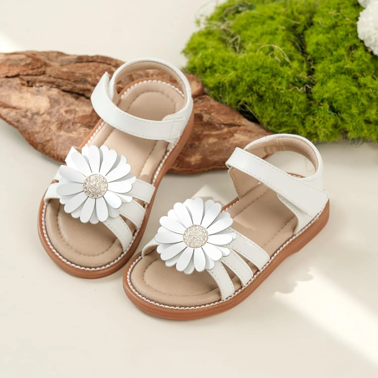 Kiderence Toddler Girls Pink Floral Sandals - Girls' Casual Flat Sandals with Ankle Strap