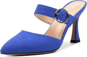 Kitten Heels Mules for Women - Pointed Toe Single-Strap with Round Buckle Slip-on Sandals Womens Party Wedding Pumps Stiletto Royal Blue Suede Size 7.5
