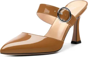Kitten Heels Mules for Women - Pointed Toe Single-Strap with Round Buckle Slip-on Sandals Womens Party Wedding Pumps Stiletto