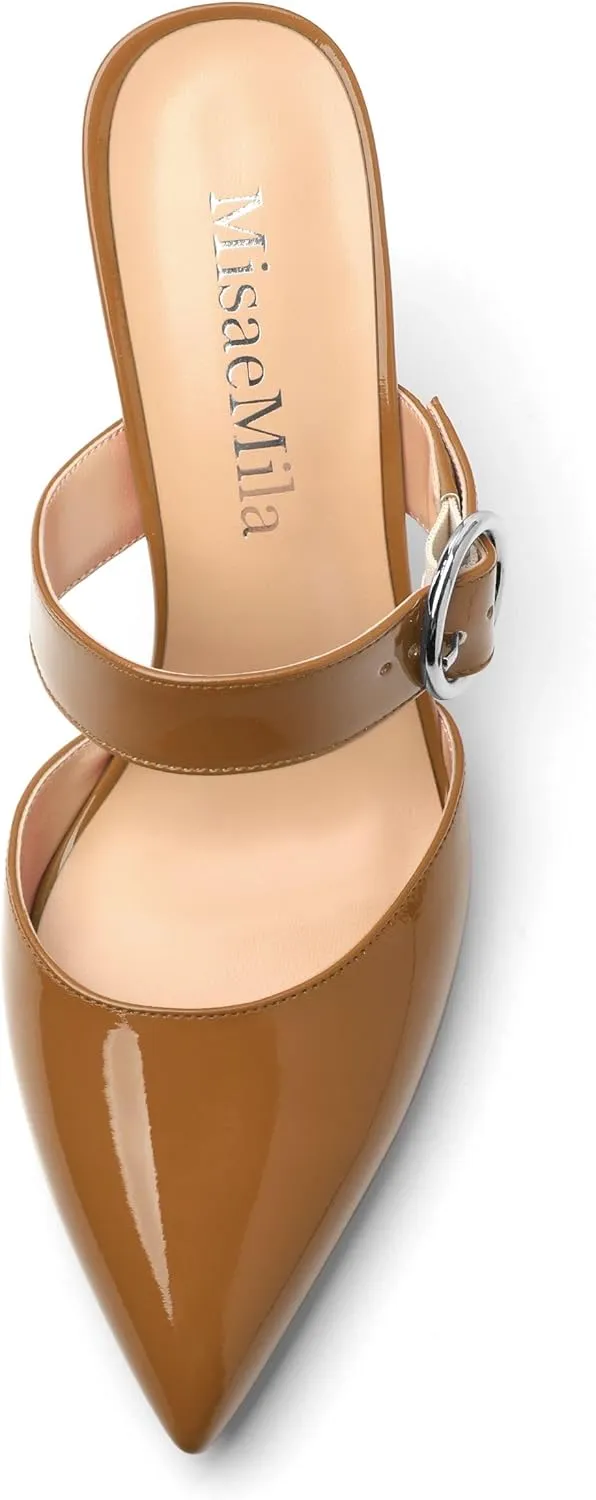 Kitten Heels Mules for Women - Pointed Toe Single-Strap with Round Buckle Slip-on Sandals Womens Party Wedding Pumps Stiletto