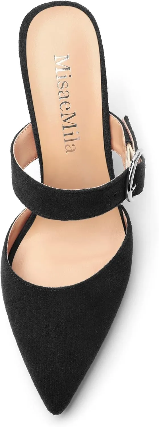 Kitten Heels Mules for Women - Pointed Toe Single-Strap with Round Buckle Slip-on Sandals Womens Party Wedding Pumps Stiletto
