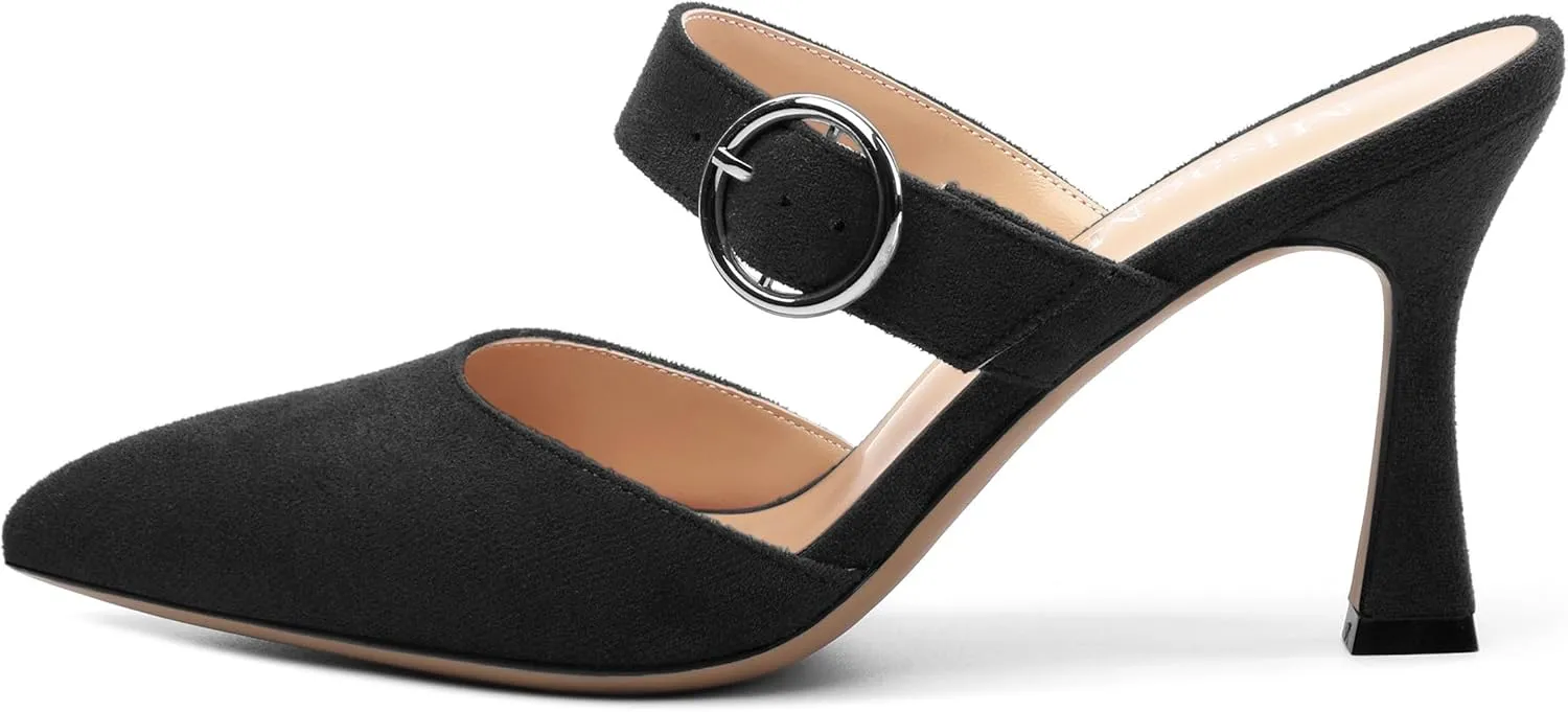 Kitten Heels Mules for Women - Pointed Toe Single-Strap with Round Buckle Slip-on Sandals Womens Party Wedding Pumps Stiletto