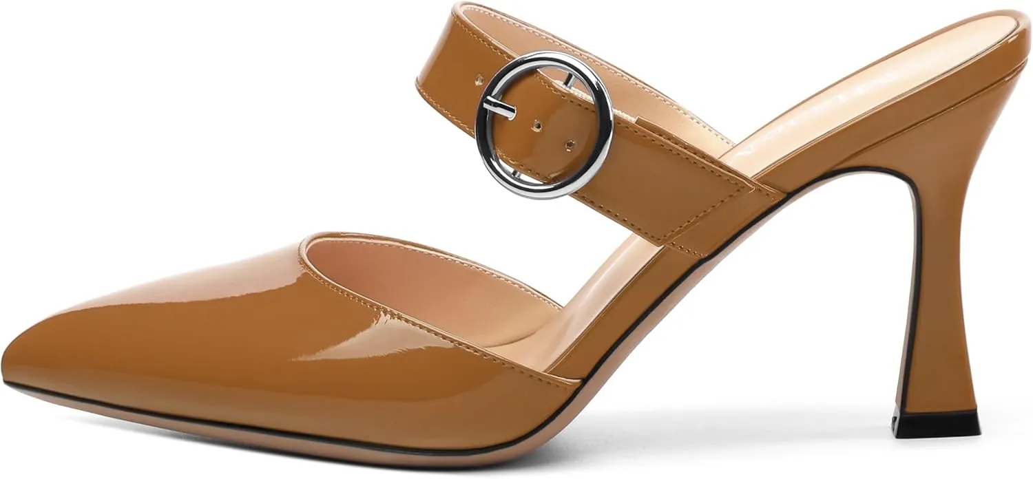 Kitten Heels Mules for Women - Pointed Toe Single-Strap with Round Buckle Slip-on Sandals Womens Party Wedding Pumps Stiletto