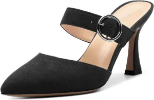 Kitten Heels Mules for Women - Pointed Toe Single-Strap with Round Buckle Slip-on Sandals Womens Party Wedding Pumps Stiletto