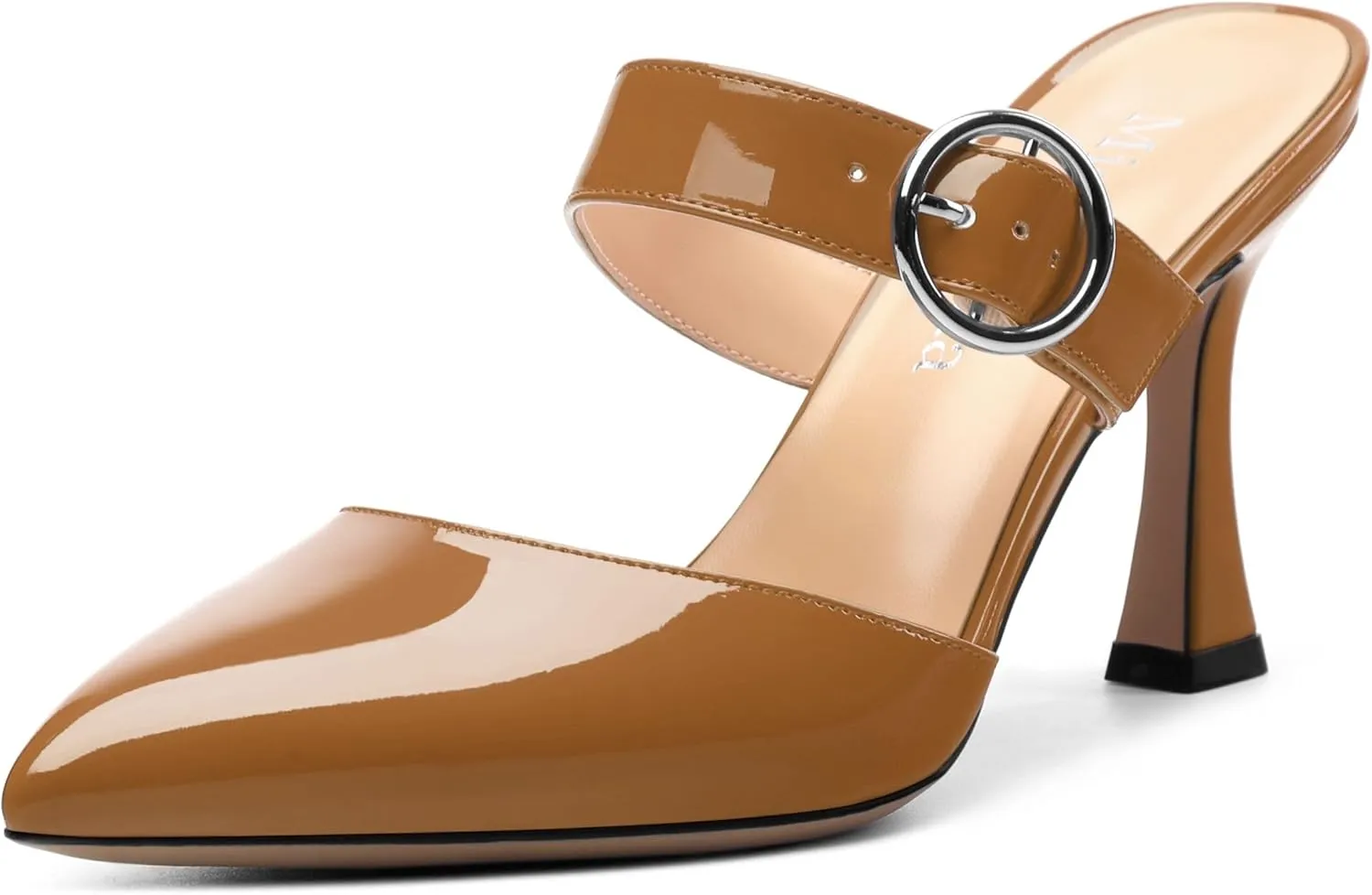Kitten Heels Mules for Women - Pointed Toe Single-Strap with Round Buckle Slip-on Sandals Womens Party Wedding Pumps Stiletto