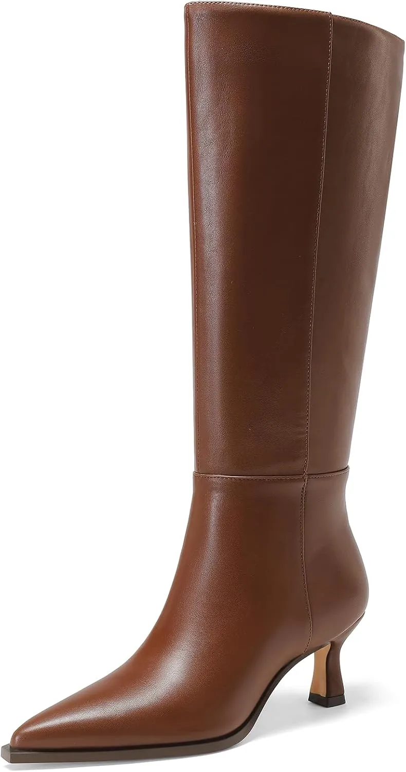 Knee High Boots Women 2.5 In Stiletto Boots for Women High Heel Faux Leather Pointed Toe Side Zipper Dress Kitten Heel