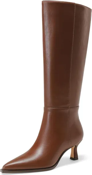 Knee High Boots Women 2.5 In Stiletto Boots for Women High Heel Faux Leather Pointed Toe Side Zipper Dress Kitten Heel