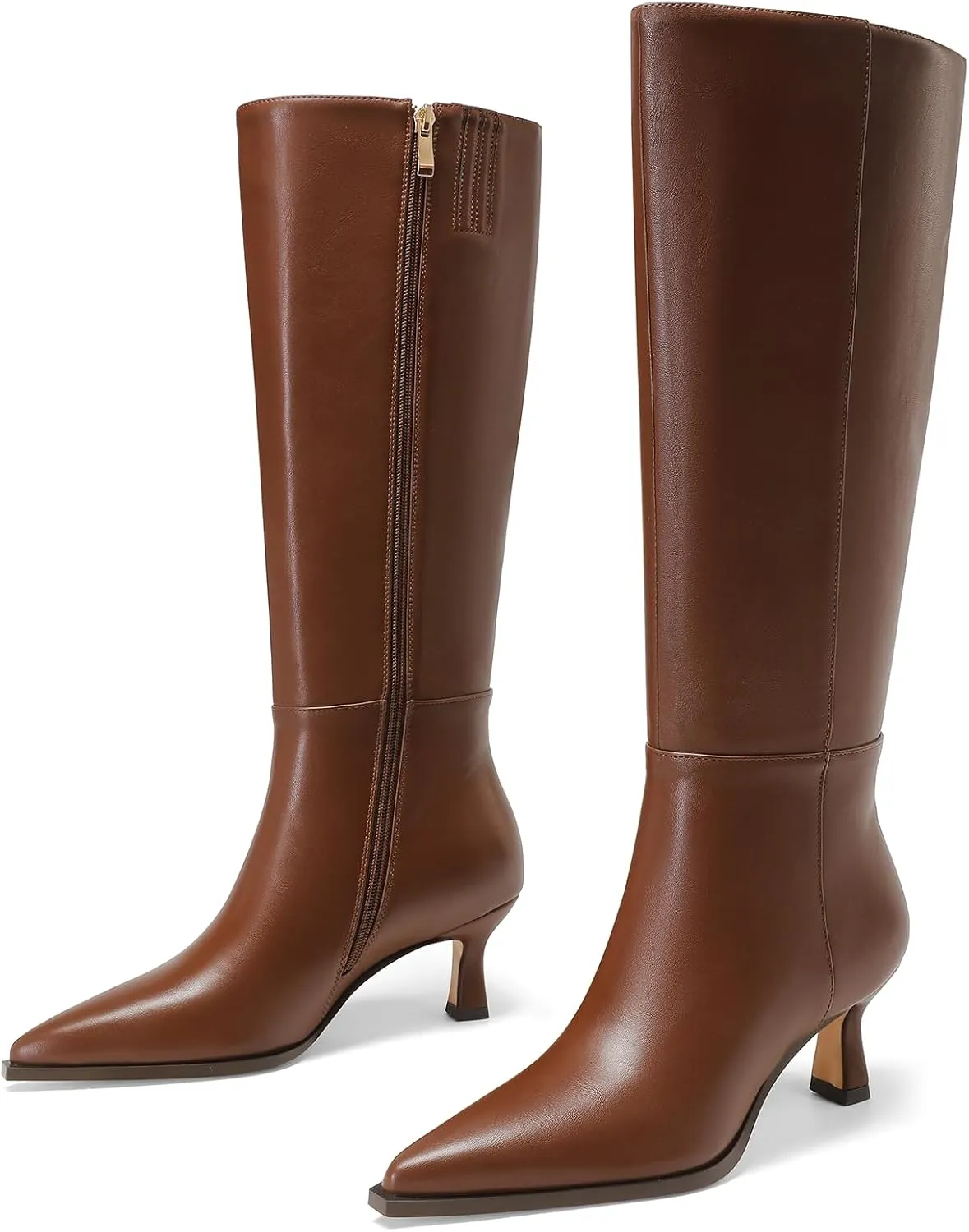 Knee High Boots Women 2.5 In Stiletto Boots for Women High Heel Faux Leather Pointed Toe Side Zipper Dress Kitten Heel