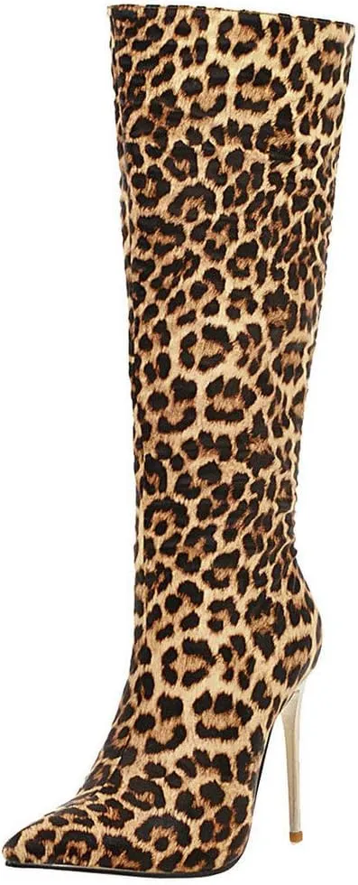 KOKOMOMO Womens Animal Print Knee High Stiletto High Heel Pointy Toe Boots