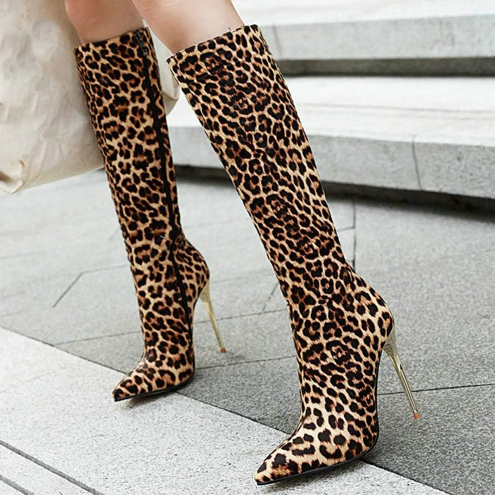 KOKOMOMO Womens Animal Print Knee High Stiletto High Heel Pointy Toe Boots
