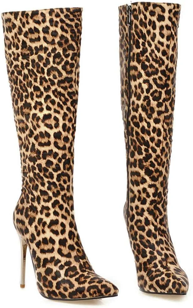 KOKOMOMO Womens Animal Print Knee High Stiletto High Heel Pointy Toe Boots