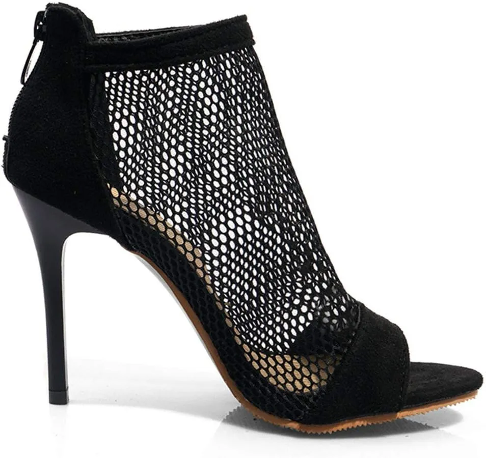 KOKOMOMO Womens Mesh High Heel Peep Toe Booties Stiletto Zip Back Sandals