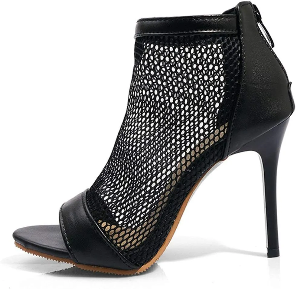 KOKOMOMO Womens Mesh High Heel Peep Toe Booties Stiletto Zip Back Sandals