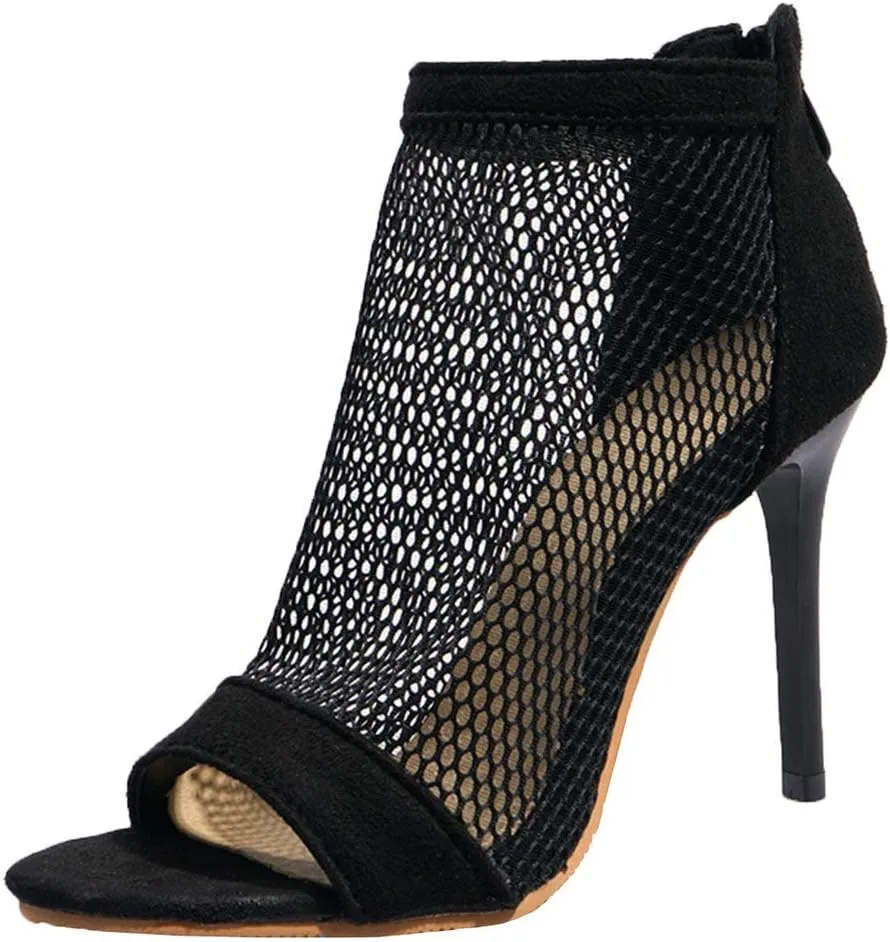 KOKOMOMO Womens Mesh High Heel Peep Toe Booties Stiletto Zip Back Sandals