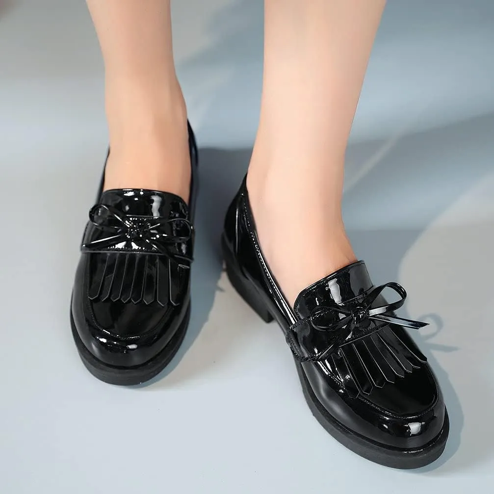 KOKOMOMO Womens Tassel Patent Leather Low Heel Loafers Cosplay Uniform Shoes