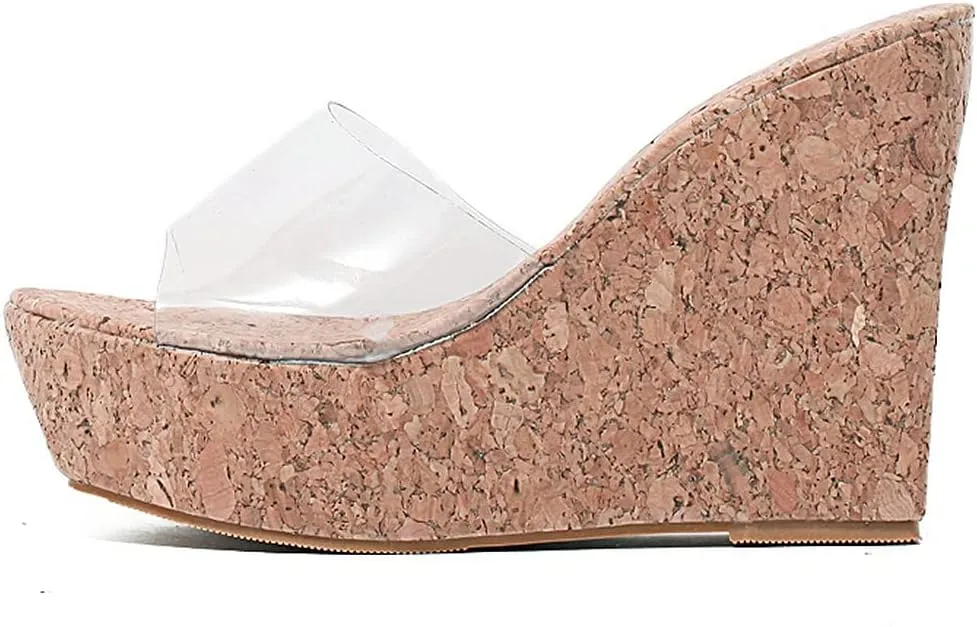 KOKOMOMO Womens Wedges Heels Platform Peep Open Toe Mules Wedge Slide Sandals Summer Beach Shoes