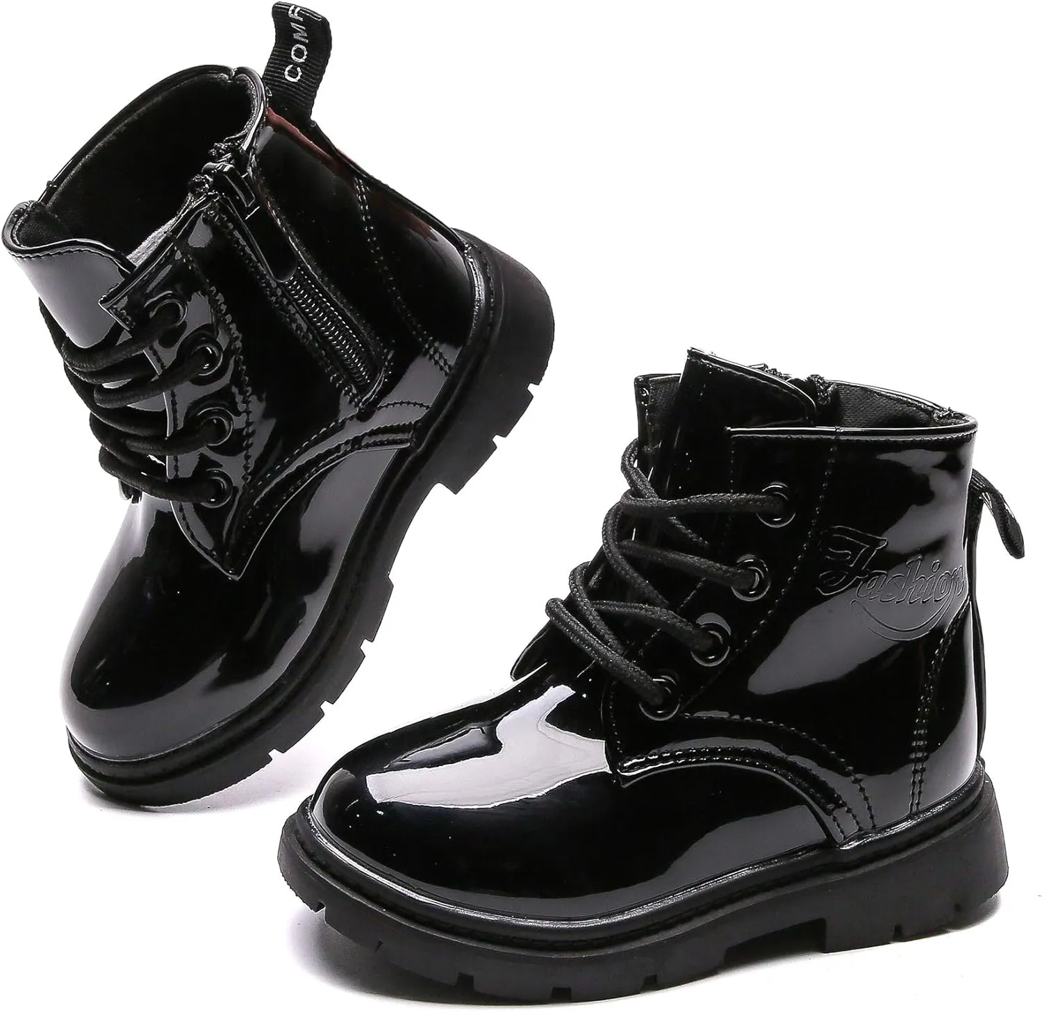 Komfyea Autumn Leather Combat Zipper Lace Up Boots （Toddler/Little Kids） Children Winter Ankle Boots