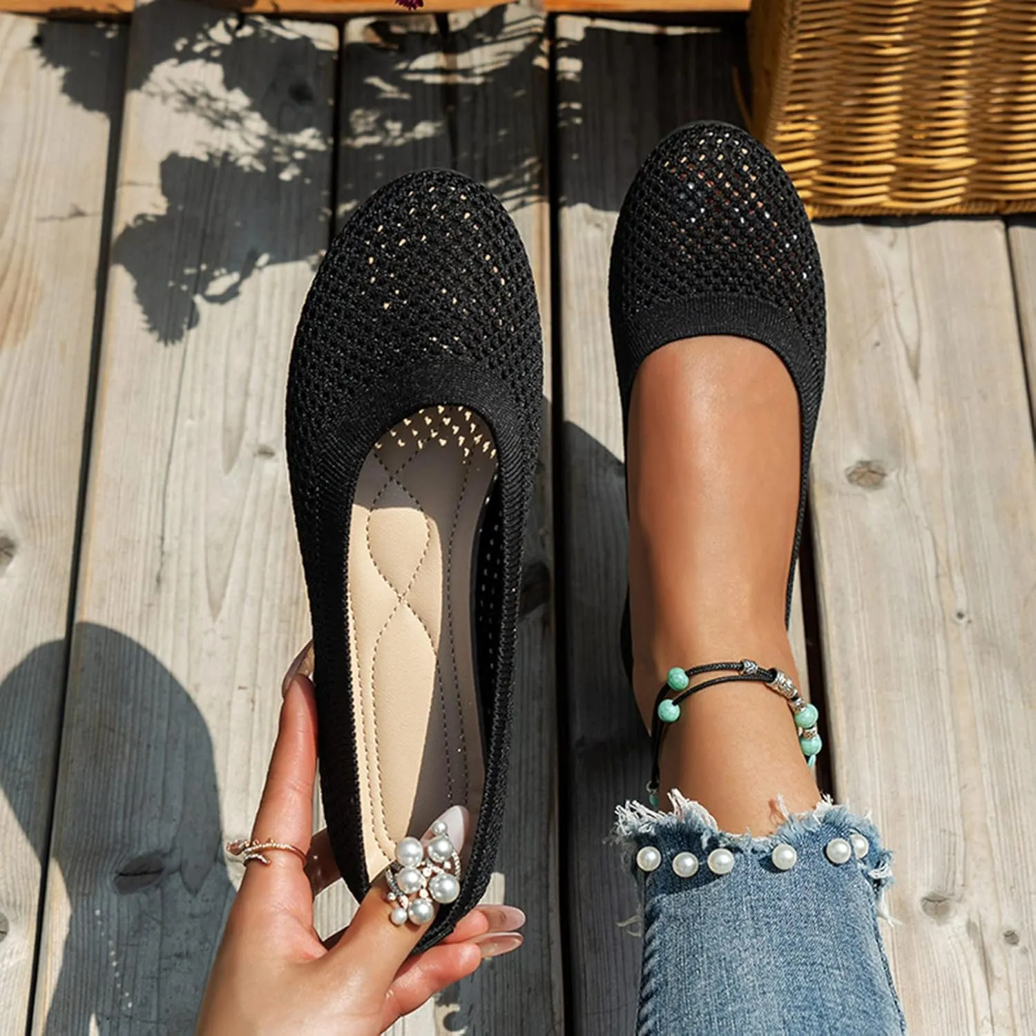 Ladies Fashion Solid Color Breathable Mesh Shallow Mouth Comfortable Flat Casual Shoes Comfortable Low Heel (Black, 8.5)