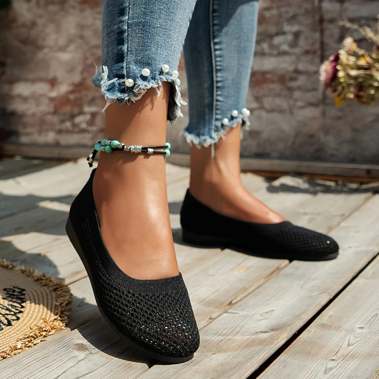 Ladies Fashion Solid Color Breathable Mesh Shallow Mouth Comfortable Flat Casual Shoes Comfortable Low Heel (Black, 8.5)