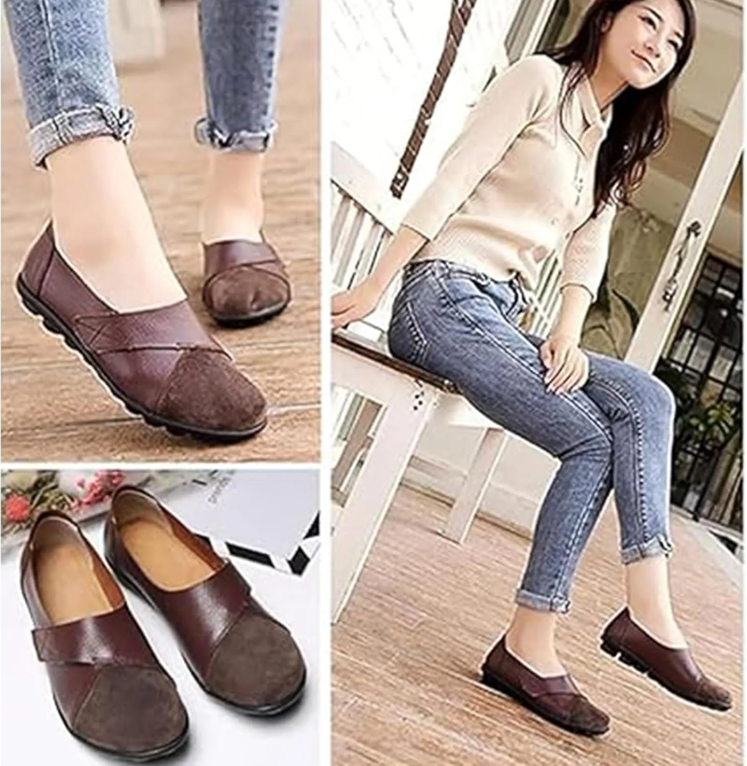 Ladies Leather Slip On Flat Loafers, Low Top Casual Walking Nurse Shoes, Outdoor Versatile Trendy Driving Shoes, Easy On Comfy Large Size Moccasins Walking Shoes(Size:7,Color:Brown)