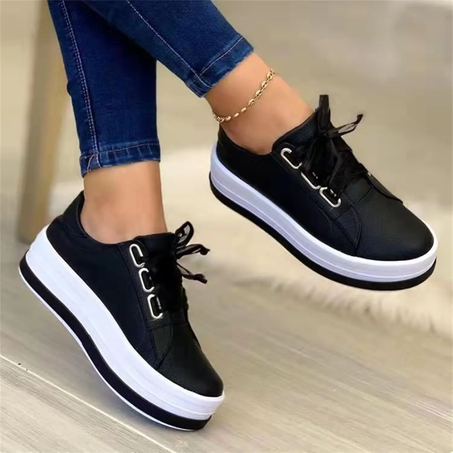 Ladmiple Sneakers For Women Slip On Wide Width PU Leather Shoes Lace Up Casual Fashion Walking Platform Flats Loafers