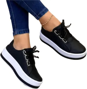 Ladmiple Sneakers For Women Slip On Wide Width PU Leather Shoes Lace Up Casual Fashion Walking Platform Flats Loafers
