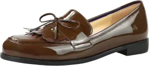 LEMUTISME Women's Trendy Patent Leather Comfort Casual Closed Round Toe Slip On Bow-Knot Dress Flat Loafers Pump Shoes with Tassal Brown Size 12