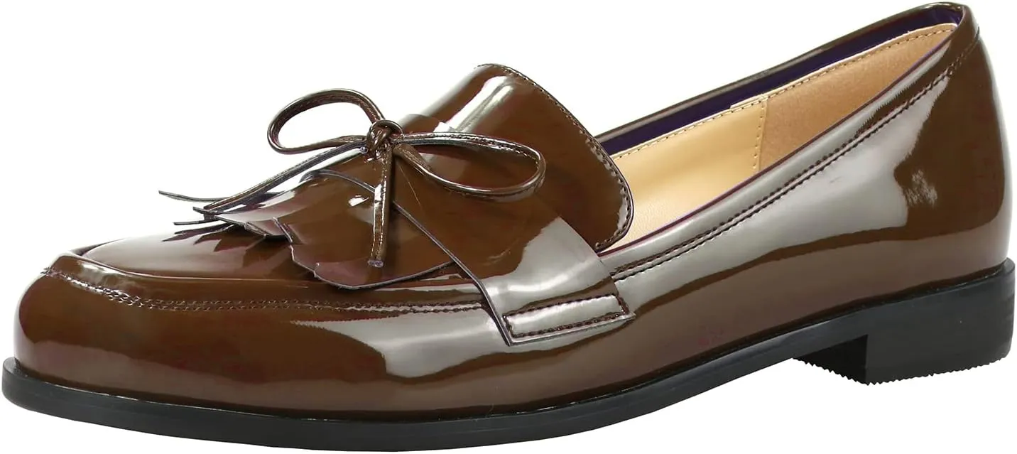 LEMUTISME Women's Trendy Patent Leather Comfort Casual Closed Round Toe Slip On Bow-Knot Dress Flat Loafers Pump Shoes with Tassal Brown Size 12