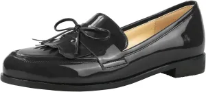 LEMUTISME Women's Trendy Patent Leather Comfort Casual Closed Round Toe Slip On Bow-Knot Dress Flat Loafers Pump Shoes with Tassal