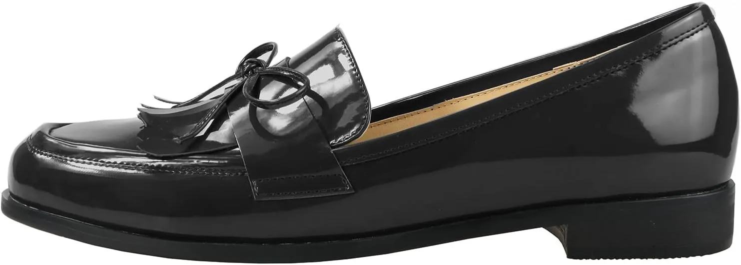 LEMUTISME Women's Trendy Patent Leather Comfort Casual Closed Round Toe Slip On Bow-Knot Dress Flat Loafers Pump Shoes with Tassal