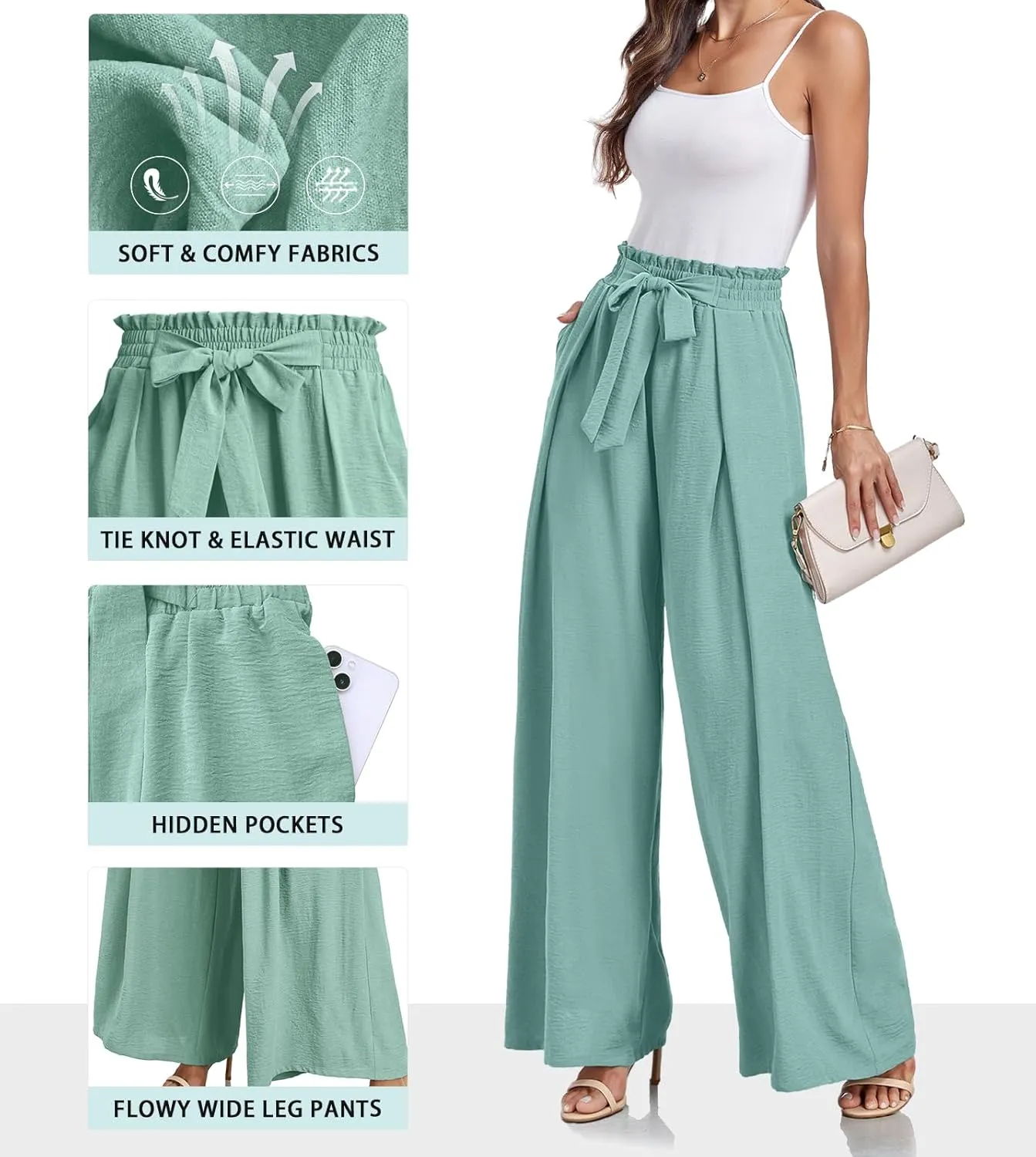 Lepunuo Wide Leg Pants for Women High Waisted Palazzo Pants Work Casual Flowy Tie Knot Trousers with Pockets