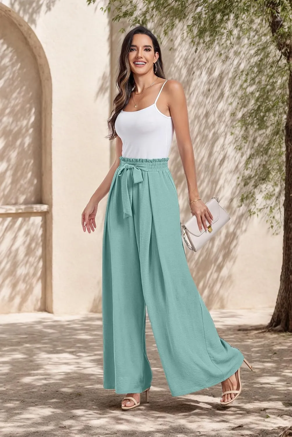 Lepunuo Wide Leg Pants for Women High Waisted Palazzo Pants Work Casual Flowy Tie Knot Trousers with Pockets