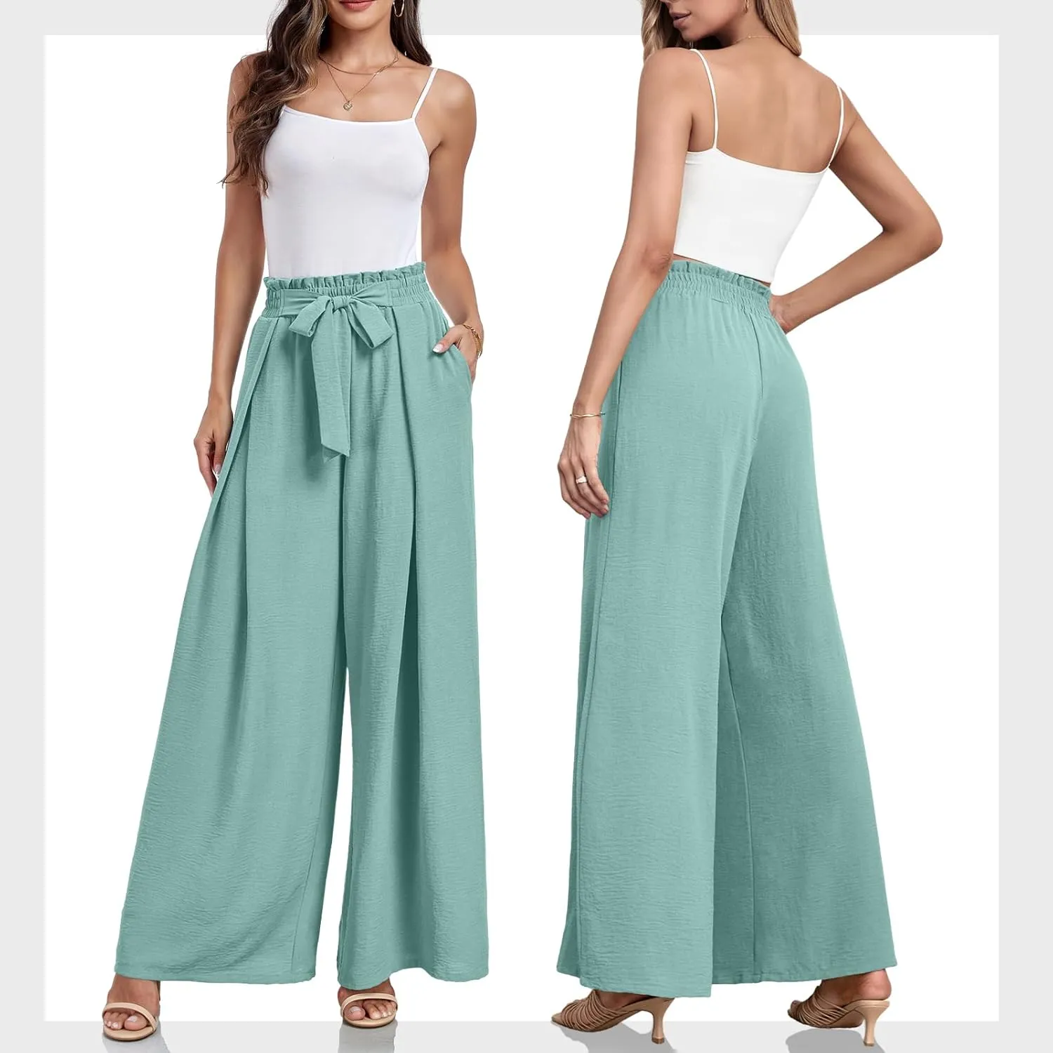 Lepunuo Wide Leg Pants for Women High Waisted Palazzo Pants Work Casual Flowy Tie Knot Trousers with Pockets