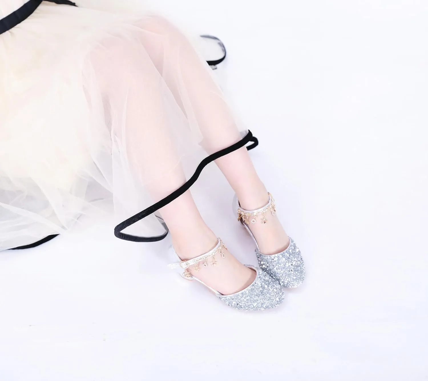 LFHT Little Kids Girls Dress Pumps Glitter Sequins Princess Low Heels Mary Jane Party Dance Shoes Rhinestone Sandals