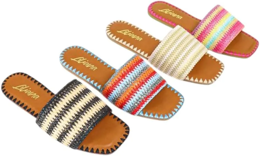 Liliana Women's Flat Sandals Dressy Summer Square Open Toe Slip On Woven Slide Sandals
