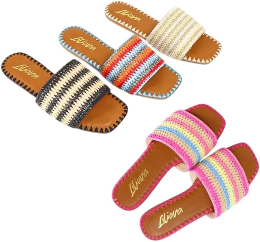 Liliana Women's Flat Sandals Dressy Summer Square Open Toe Slip On Woven Slide Sandals
