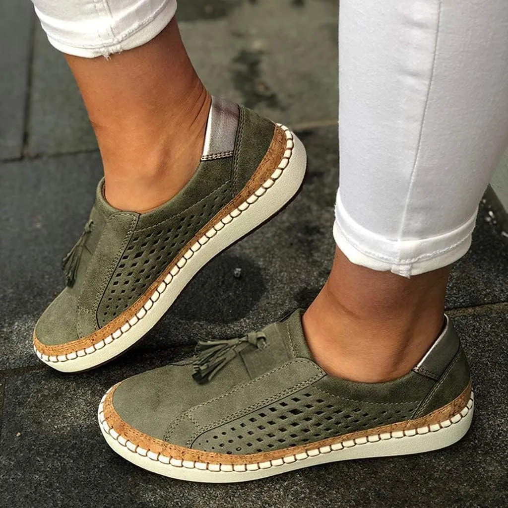 Loafers for Women Comfort Walking Shoes Womens Casual Round Toe Breathable Hollow Out Tassel Walking Beach Shoes Slip On Canvas Flats Comfy Lightweight Walking Office Outdoor Going Out Footwear