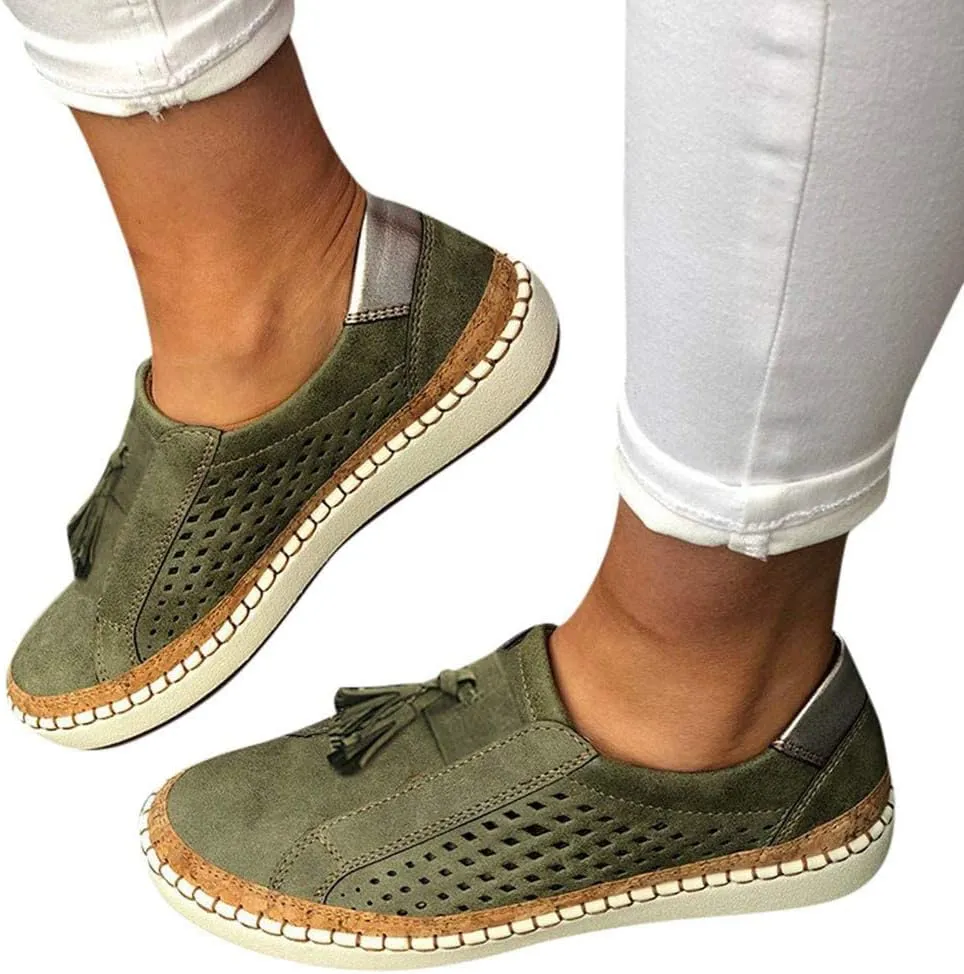 Loafers for Women Comfort Walking Shoes Womens Casual Round Toe Breathable Hollow Out Tassel Walking Beach Shoes Slip On Canvas Flats Comfy Lightweight Walking Office Outdoor Going Out Footwear