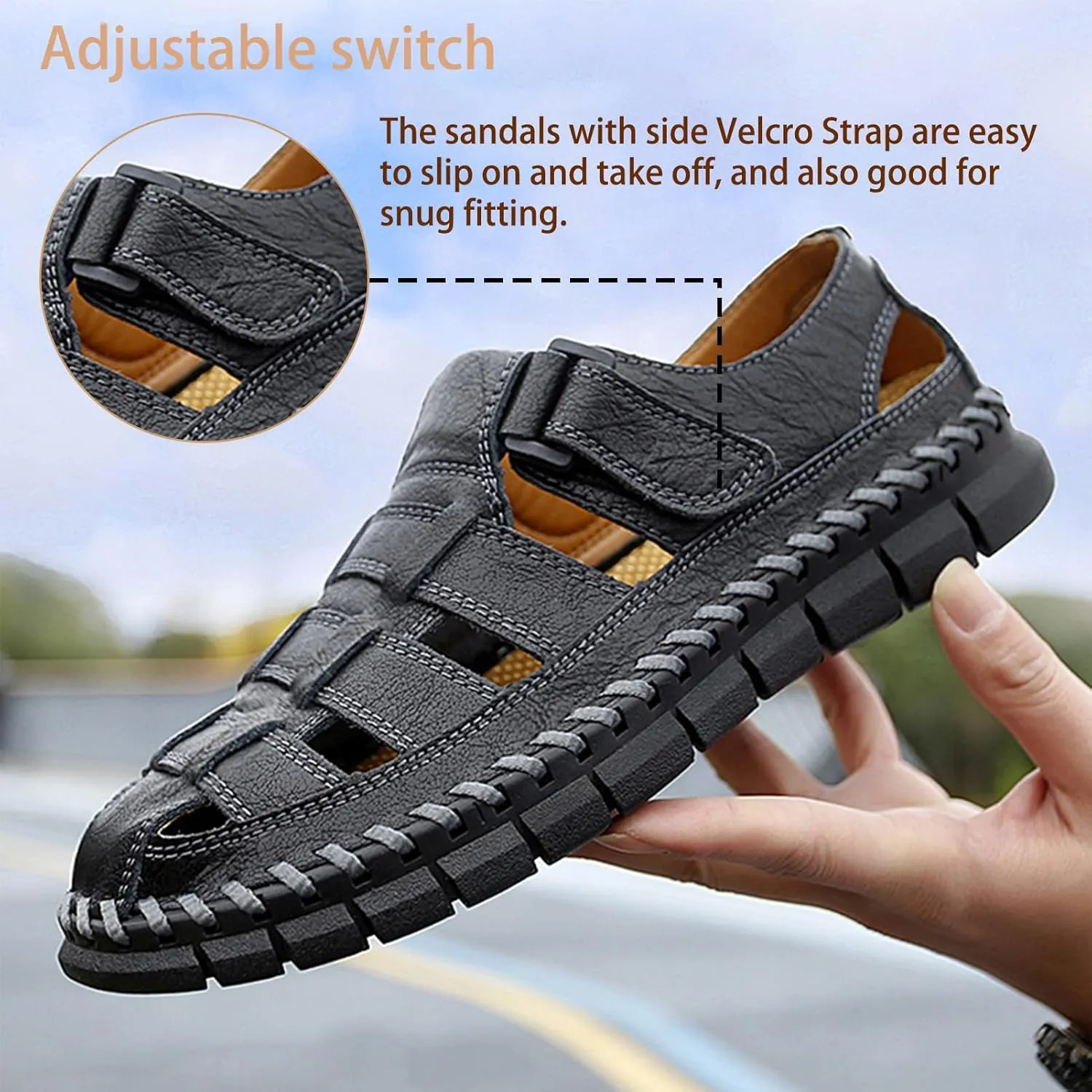 MAIZUN Men's Sandals Closed Toe Outdoor Leather Sandals Hiking Waterproof Athletic Fisherman Sandals Summer Adjustable Beach Water Sandals