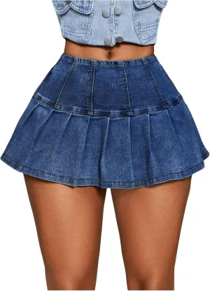 MakeMeChic Women's High Waist Mini Denim Skirt Ruffle Pleated Y2K Short Jean Skirts