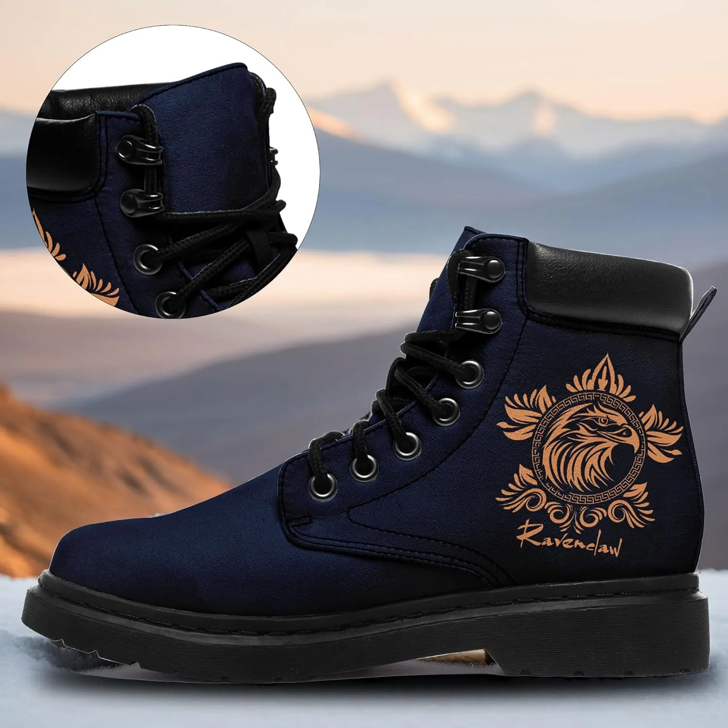 Mandala Combat Boots for Men and Women with Floral, Sun and Moon Designs – Durable Boho Ankle Boots for Hiking,Casual Wear
