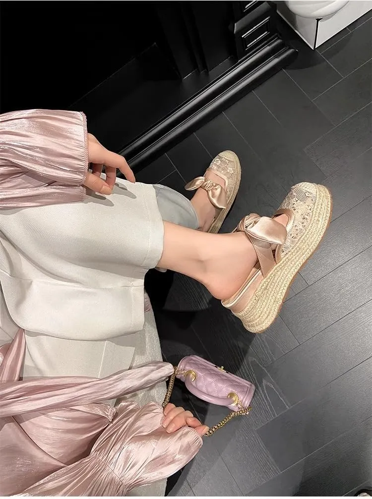 Mary Jane Espadrilles for Women Breathable Platform Flat Slip on Raffia Sandals Closed Toe Ladies Alpargatas Para Mujer Comfortable Walking Summer Vacation Beach Travel Causal Dressy Woven Rattan