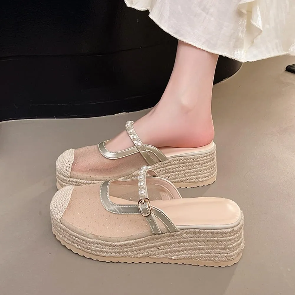 Mary Jane Espadrilles for Women Clear Mesh Ballet Flats Rattan Platform Wedge Sandals Slip On Backless Mule Slippers Beaded Straps Lightweight Breathable Ballerina Dress Shoes Office Party Vacation