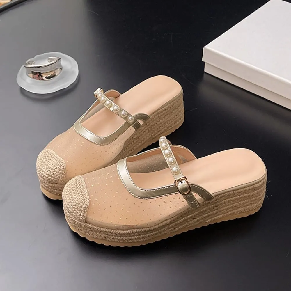 Mary Jane Espadrilles for Women Clear Mesh Ballet Flats Rattan Platform Wedge Sandals Slip On Backless Mule Slippers Beaded Straps Lightweight Breathable Ballerina Dress Shoes Office Party Vacation