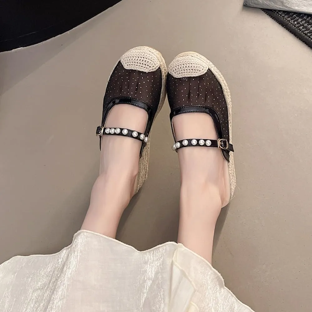 Mary Jane Espadrilles for Women Clear Mesh Ballet Flats Rattan Platform Wedge Sandals Slip On Backless Mule Slippers Beaded Straps Lightweight Breathable Ballerina Dress Shoes Office Party Vacation