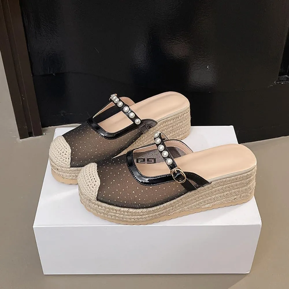 Mary Jane Espadrilles for Women Clear Mesh Ballet Flats Rattan Platform Wedge Sandals Slip On Backless Mule Slippers Beaded Straps Lightweight Breathable Ballerina Dress Shoes Office Party Vacation